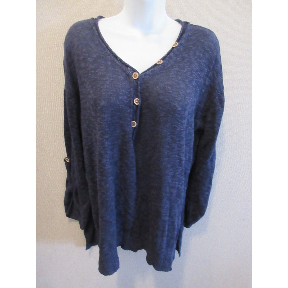 Stitch Drop Blue V-Neck Button Henley Tunic Sweater L 3/4 Roll Tab Sleeve